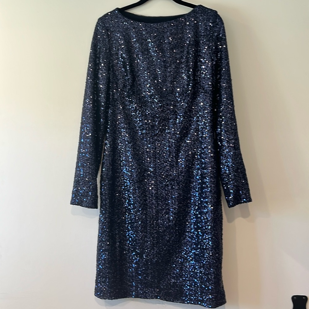 Ralph Lauren size 12 navy blue sequin cocktail backless long sleeve dress
